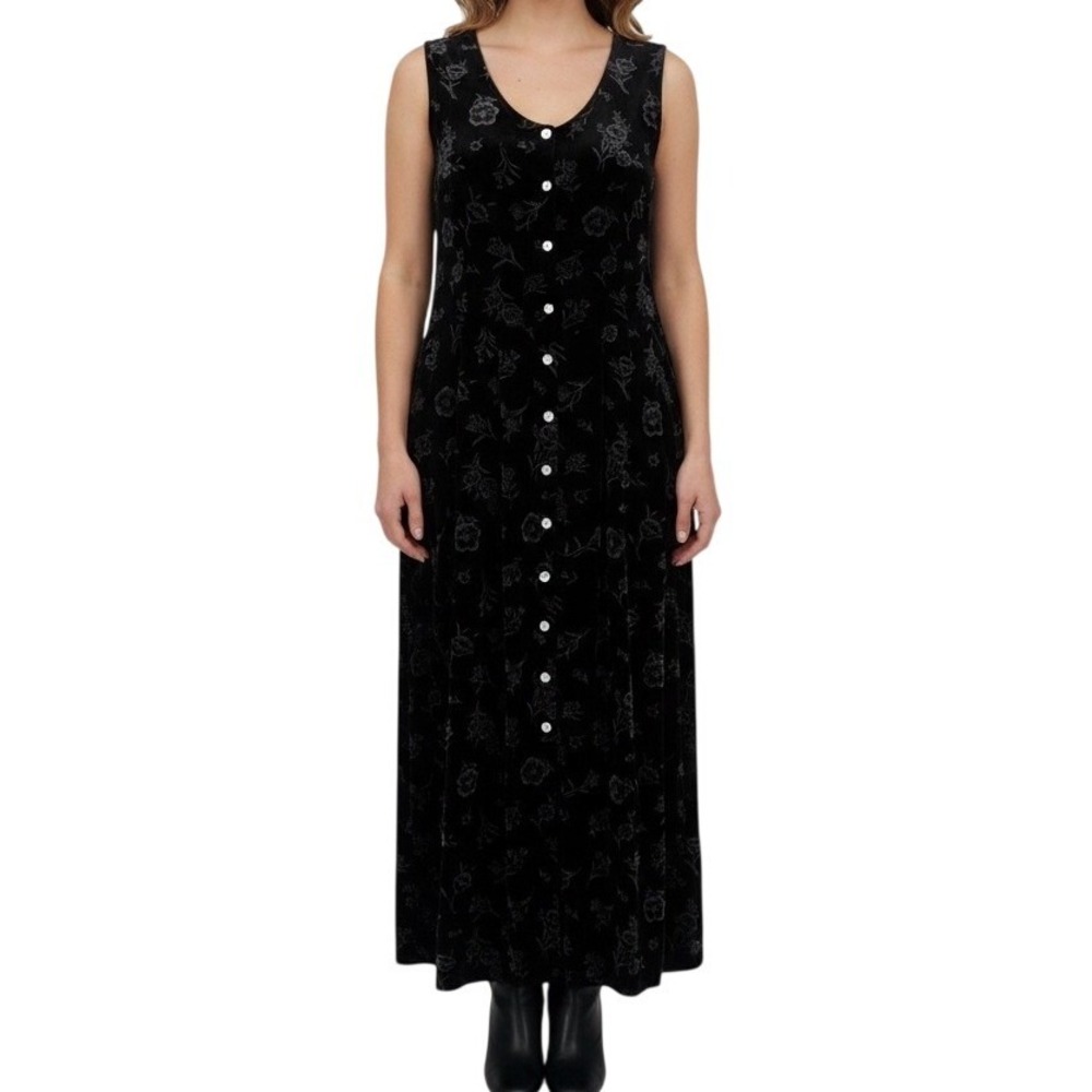 Vintage 90'S Smith & Hawken Black Velvet Floral Button Front Maxi Dress Size L